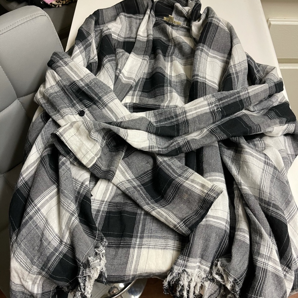 Flannel shawl/cardigan with fringe along side